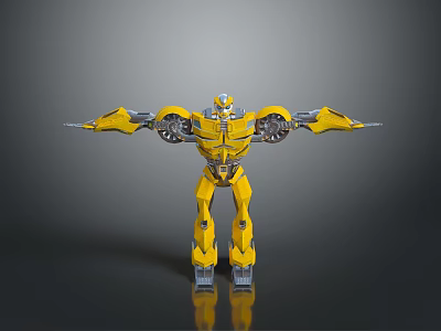 Yellow Mechanical Robot Character With Extended Arms Metallic Armor Shiny Surface And Detailed Joints 3d model