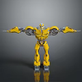 Yellow Mechanical Robot Character With Extended Arms Metallic Armor Shiny Surface And Detailed Joints
