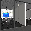 Modern Conference Room Interior With Glass Partitions Large Screen And Tables Chairs