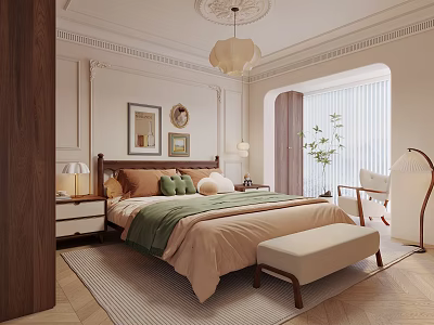 Elegant Cozy Bedroom Interior Design With Bed Nightstands Lamps Wall Art Round Clock Pendant Light 3d model