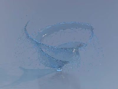 Dynamic Water Splash Forming Transparent Curved Shape With Droplets On Blue Background 3d model