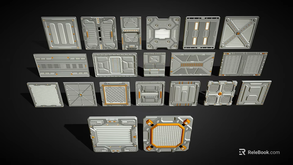 Sci Fi Tech Panels With Different Gray Orange Structural Designs And Modules 3d model