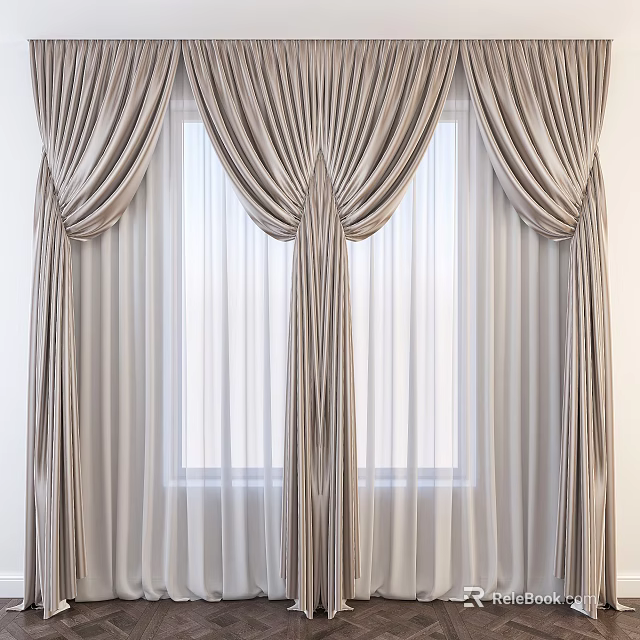 Elegant Layered Beige Pleated Curtains With Sheer Inner Window Design Decor 3d model 