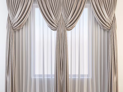 Elegant Layered Beige Pleated Curtains With Sheer Inner Window Design Decor 3d model