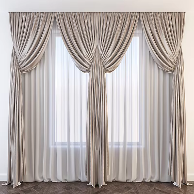 Elegant Layered Beige Pleated Curtains With Sheer Inner Window Design Decor 3d model