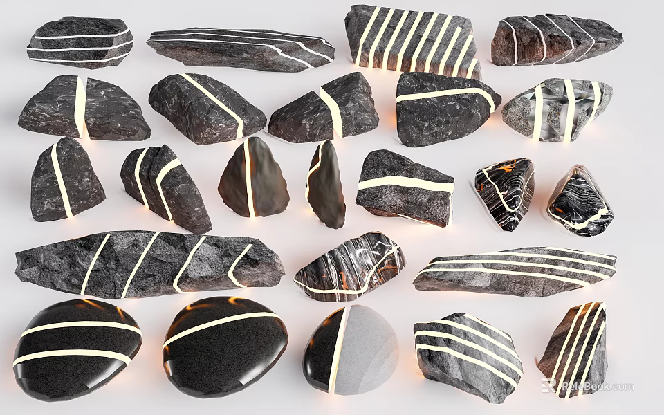 Natural Stone And Wood Decorative Elements With Striped Textures And Various Shapes For Design 3d model 