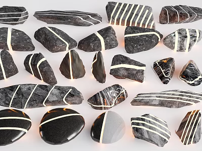 Natural Stone And Wood Decorative Elements With Striped Textures And Various Shapes For Design 3d model
