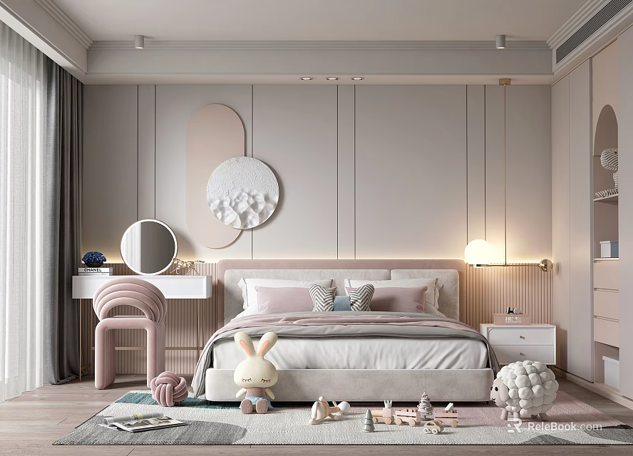 Cozy Kids Room Interior With Pastel Pink White Decor Stuffed Toys And Study Desk 3d model 