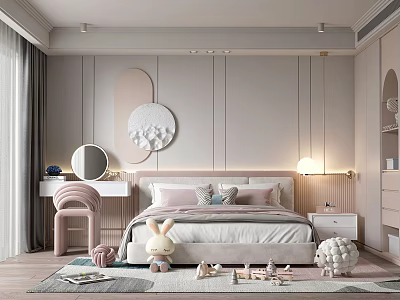 Cozy Kids Room Interior With Pastel Pink White Decor Stuffed Toys And Study Desk 3d model