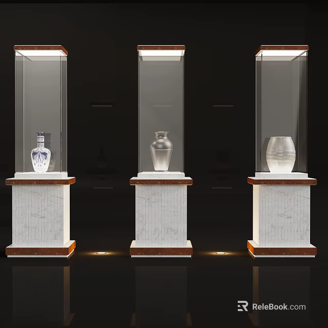 Modern Display Cabinets With Glass Doors And Marble Bases Showcasing Decorative Vases 3d model 