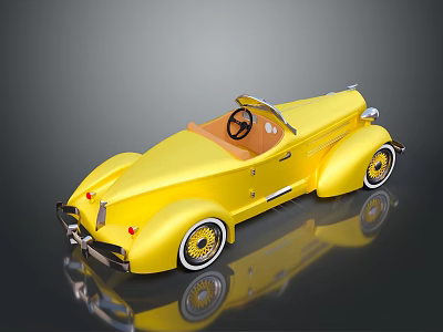 Vintage Yellow Convertible Car with Brown Interior Yellow Wheels and White Tires and Shiny Reflection 3d model