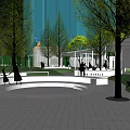 Modern Garden Landscape with Trees Seating Areas Paved Ground and Building Facade