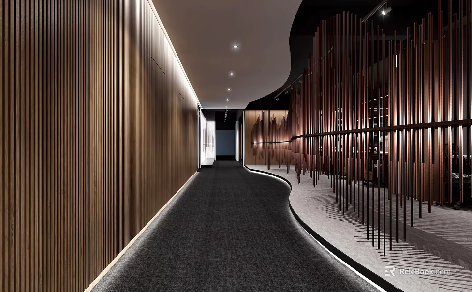 Modern Office Corridor Design With Wooden Walls Dark Carpet And Recessed Lighting 3d model 
