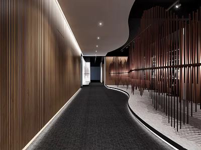 Modern Office Corridor Design With Wooden Walls Dark Carpet And Recessed Lighting 3d model