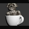 Adorable Small Puppy Comfortably Sitting In White Ceramic Cup On Dark Surface Background