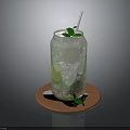 Refreshing Silver Can Drink With Ice Cubes Mint Leaves And Straw On Brown Tray