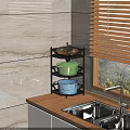 Practical Bathroom Cabinet Rack in Kitchen Corner White Tile Wall Window Blind Sink and Cookware 3d model