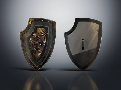Two Medieval Shields With Golden Cross And Black Metal Decorative Design 3d model