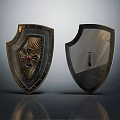 Two Medieval Shields With Golden Cross And Black Metal Decorative Design