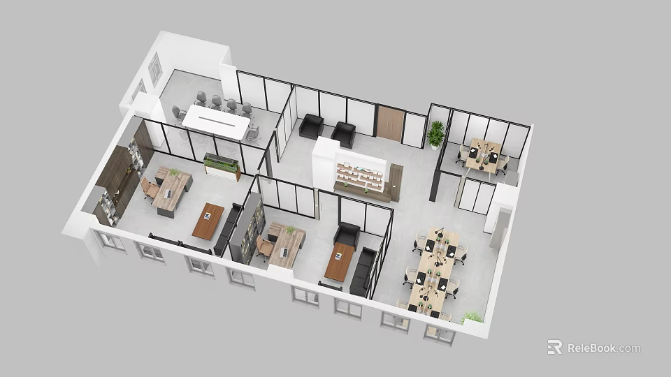 Modern Office Aerial View Layout With Work Desks Chairs Sofa Area And Green Plants 3d model 