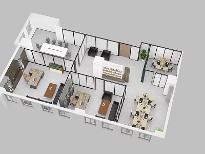 Modern Office Aerial View Layout With Work Desks Chairs Sofa Area And Green Plants 3d model