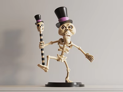 Dynamic Skeleton Sculpture With Top Hat Purple Trim Holding Cane One Legged Pose 3d model