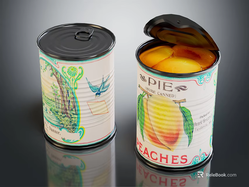 Open Closed Canned Peaches with Decorative Labels Featuring Bird Tree Peach Illustrations for Household Supplies 3d model 