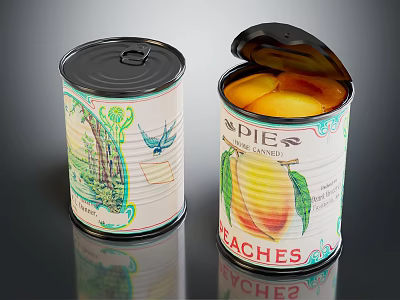 Open Closed Canned Peaches with Decorative Labels Featuring Bird Tree Peach Illustrations for Household Supplies 3d model