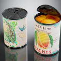 Open Closed Canned Peaches with Decorative Labels Featuring Bird Tree Peach Illustrations for Household Supplies