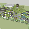 Traditional Architectural Complex Layout With Tower Structure Multiple Buildings Ponds Green Spaces And Pathways