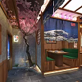 Traditional Japanese Restaurant Interior Featuring Cherry Blossom Tree Wooden Decor And Green Seats