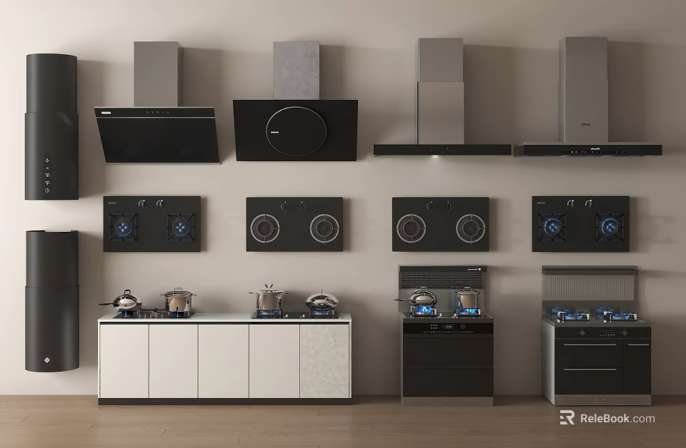 Stylish Kitchen Appliances Collection Featuring Range Hoods Gas Stoves And Cabinets 3d model 