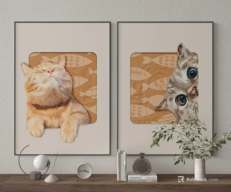 Framed Cat Wall Art Featuring Closed Eyes And Big Eyes On Fish Leaf Patterns 3d model