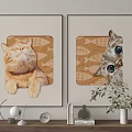 Framed Cat Wall Art Featuring Closed Eyes And Big Eyes On Fish Leaf Patterns 3d model