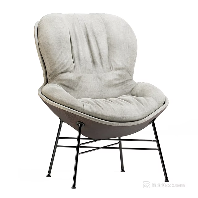 Gray Plush Accent Chair With Soft Cushion And Black Metal Legs Modern Design 3d model 