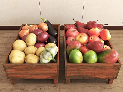 Fresh Fruits Including Apples Pears And Mangoes In Wooden Crates On Wooden Floor 3d model