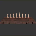 Chessboard With Wooden Fortress Style Base Displaying Black And White Pieces