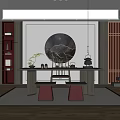 Traditional Chinese Tea Room Interior With Round Landscape Painting Wooden Screen And Tea Sets