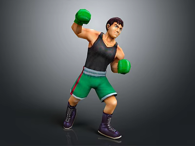 Man In Boxing Stance Wearing Green Gloves Black Tank Top Green Shorts And Purple Boots 3d model