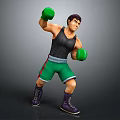 Man In Boxing Stance Wearing Green Gloves Black Tank Top Green Shorts And Purple Boots