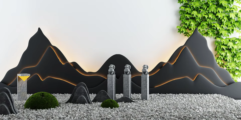 Garden Courtyard Featuring Stone Lanterns Mountain Shaped Wall Orange Light Strips Green Shrubs And Gravel 3d model 