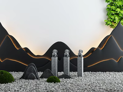 Garden Courtyard Featuring Stone Lanterns Mountain Shaped Wall Orange Light Strips Green Shrubs And Gravel 3d model