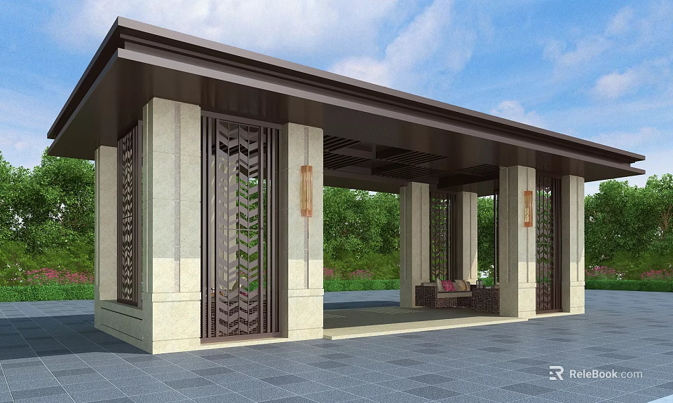 Modern Garden Pergola With Carved Screens Stone Columns And Green Landscape 3d model 