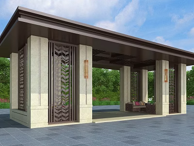 Modern Garden Pergola With Carved Screens Stone Columns And Green Landscape 3d model