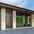Modern Garden Pergola With Carved Screens Stone Columns And Green Landscape