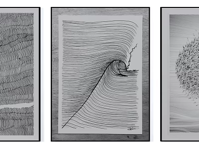 Black And White Abstract Line Art Paintings With Wave And Boat Design 3d model