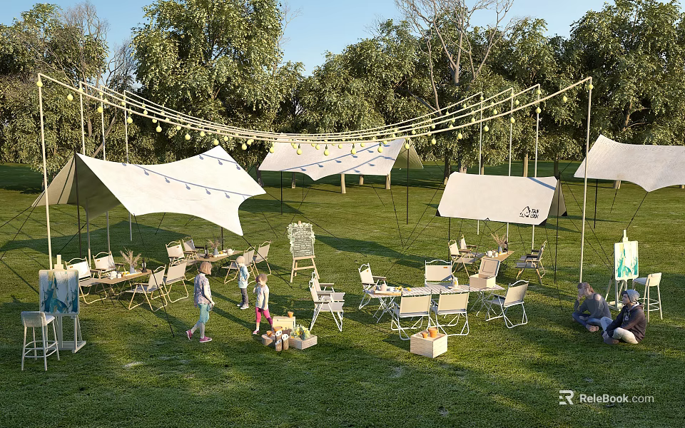 Beautiful Garden Landscape With Green Grass White Awnings Tables Chairs People Activities And String Lights 3d model 