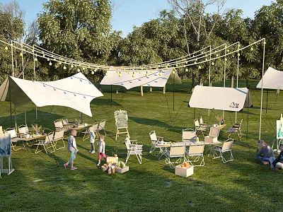 Beautiful Garden Landscape With Green Grass White Awnings Tables Chairs People Activities And String Lights 3d model