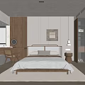 Modern Bedroom Interior With Wooden Headboard Wardrobe Dressing Table And White Rug