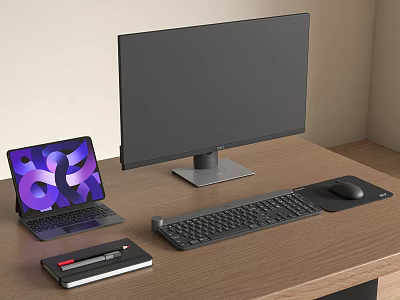 Modern Home Office Computer Setup With Monitor Laptop Keyboard Mouse Notebook And Pens 3d model